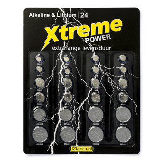 123accu Knoopcel batterij multiverpakking - Xtreme Power - 24 stuks (Alkaline & Lithium 1.5 V & 3 V) ADR00048 K105005163 - 