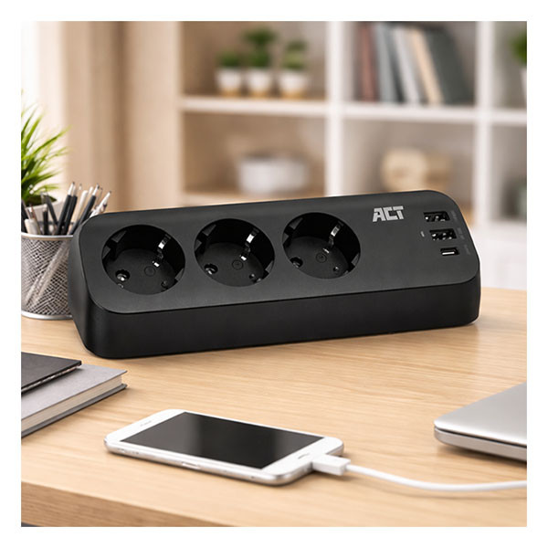 ACT Stekkerdoos 3-voudig | ACT | 1.5 meter (2x USB A, 1x USB C, Klem, Type F, 30W) AC2480 K010214441 - 3