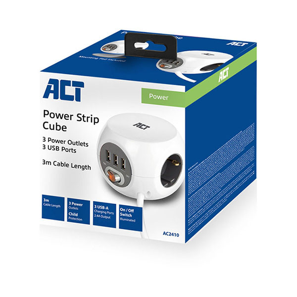 ACT Stekkerdoos 3-voudig | ACT | 3 meter (3 USB poorten, Schakelaar, Wit) AC2410 K010813128 - 6