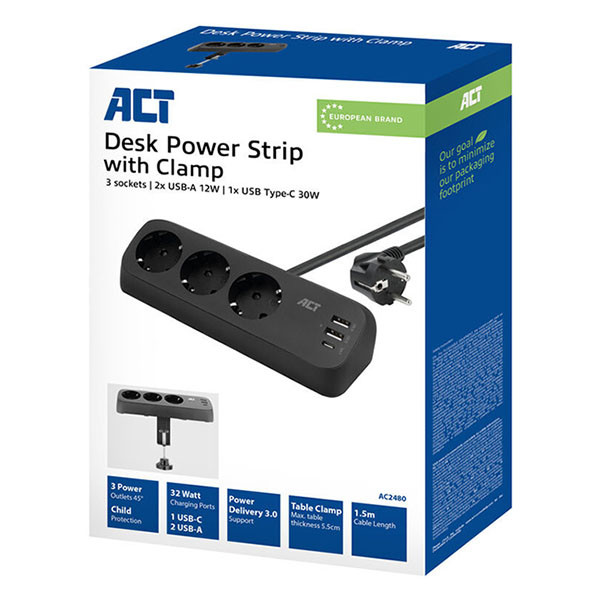 ACT Stekkerdoos met USB | ACT | 1.5 meter (3-voudig, 2x USB A, 1x USB C, Klem, Type F, 30W) AC2480 K010214441 - 2