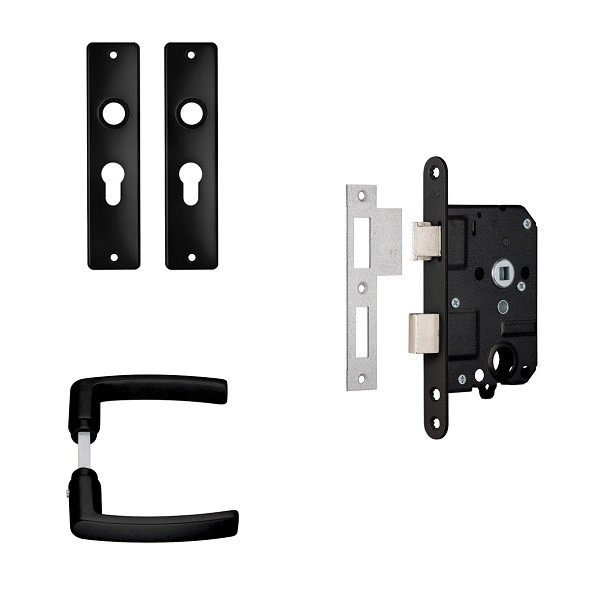 AXA Deurbeslag set | AXA | Edge | 55 mm (Deurklinken met schild, Cilinderslot, Aluminium, Zwart) 7145905655BL K180107274 - 1