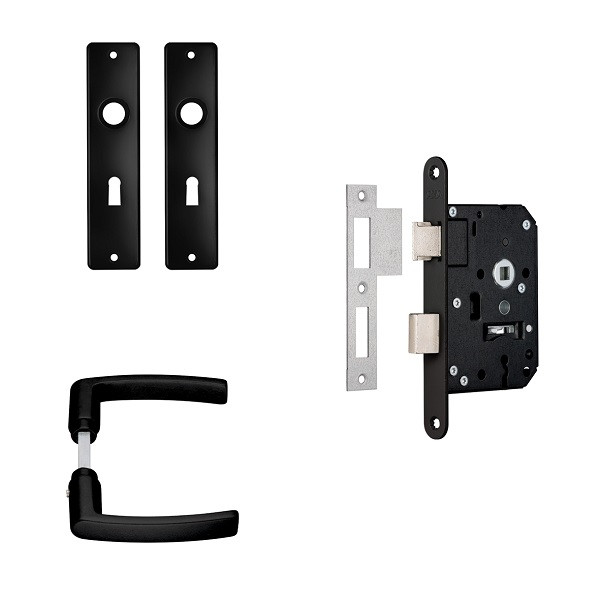 AXA Deurbeslag set | AXA | Edge | 55 mm (Deurklinken met schild, Klavierslot met sleutels, Aluminium, Zwart) 7135905655BL K180107272 - 1