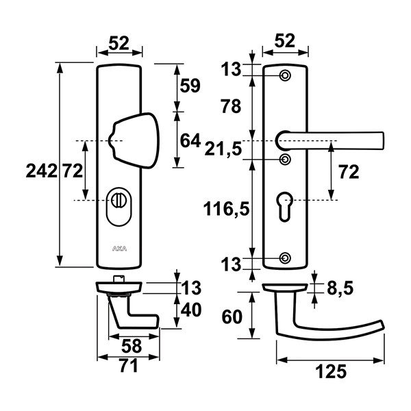 AXA Veiligheidsbeslag met knop | AXA | Curve Plus | 72 mm (Kerntrekbeveiliging, Aluminium, Zwart) 6665511872K K010808302 - 6