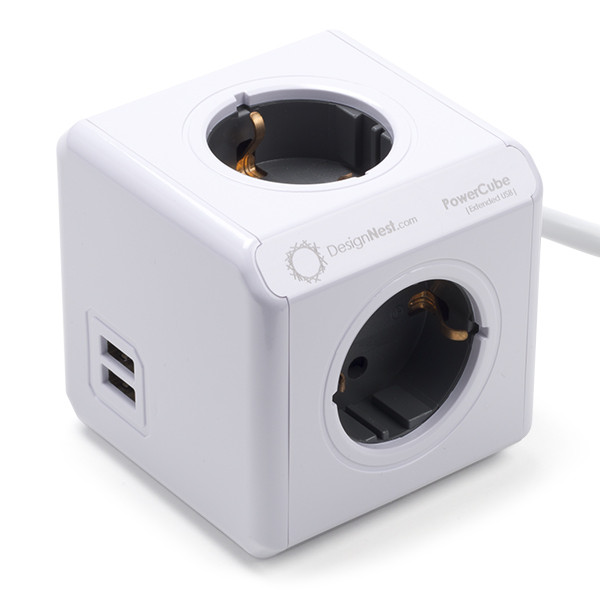 Allocacoc Powercube | Allocacoc | 1.5 meter (4-voudig, 2 USB poorten, Wit/grijs) 0084565 K010813120 - 1