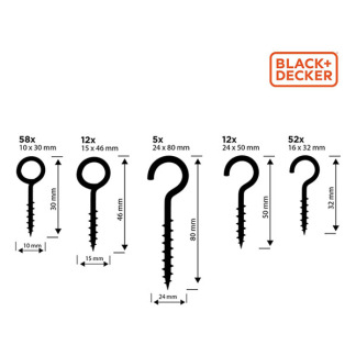 Black & Decker Schroefhaken - en ogenset | BLACK + DECKER | 151 stuks (Ooghaken, Ronde haken) 871125223819 K100702786 - 3