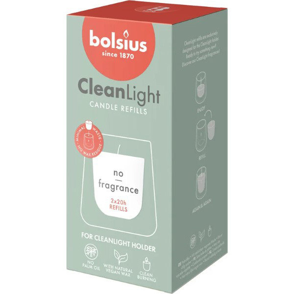 Bolsius CleanLight navulling | Zero Fragrance | 2 stuks (Palmolievrij, 24 branduren) 103624030500 K150303272 - 1