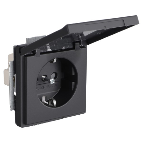Busch Jaeger Stopcontact | Busch-Jaeger | Future Linear (Randaarde, Met klep, IP44, Zwart) 66.055.44 K180107948 - 1