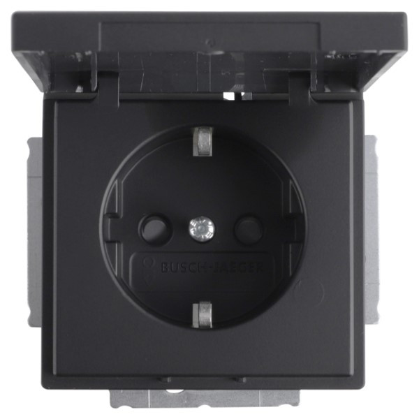 Busch Jaeger Stopcontact | Busch-Jaeger | Future Linear (Randaarde, Met klep, IP44, Zwart) 66.055.44 K180107948 - 2
