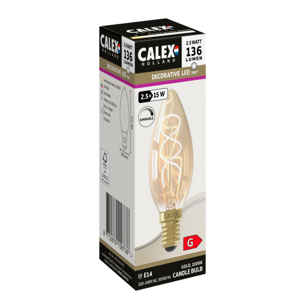 Calex Led lamp E14 | Kaars | Calex (2.5W, 136lm, 2100K, Goud, Dimbaar) 1001002900 K170203886 - 3