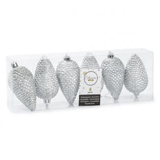 Decoris Kerst ornamenten | Dennenappels | 6 stuks (Zilver) 028571 K151000429 - 