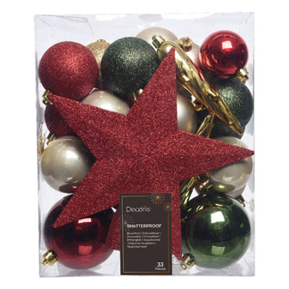 Decoris Kerstballen| Decoris | 33 stuks  (Met piek, IJspegels, Groen/rood/goud/champagne) 23337 K151000727 - 1