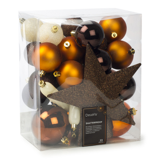 Decoris Kerstballen| Decoris | 33 stuks  (Met piek, IJspegels, Oranje/bruin/wit/koper) 21423 K151000725 - 1