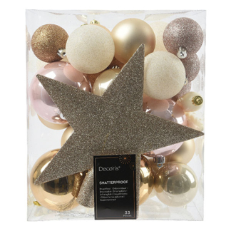Decoris Kerstballen| Decoris | 33 stuks  (Met piek, IJspegels, Roze/wit/brons/champagne) 21424 K151000726 - 1