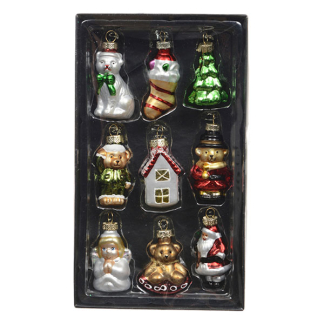 Decoris Kerstfiguur kerst ornament | Decoris | Set van 9 (Bruin/rood/groen, Glas) 121849 K151001706