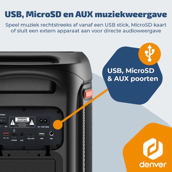 Denver Bluetooth speaker | Denver | BPS370 (2 woofers, IPX4, USB, Microfoon, LED, 1000W, 3600 mAh, 4 uur batterij) BPS-370 K105005303 - 6