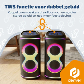 Denver Bluetooth speaker | Denver | BPS370 (2 woofers, IPX4, USB, Microfoon, LED, 1000W, 3600 mAh, 4 uur batterij) BPS-370 K105005303 - 5