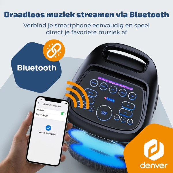 Denver Bluetooth speaker | Denver | BPS370 (2 woofers, IPX4, USB, Microfoon, LED, 1000W, 3600 mAh, 4 uur batterij) BPS-370 K105005303 - 3