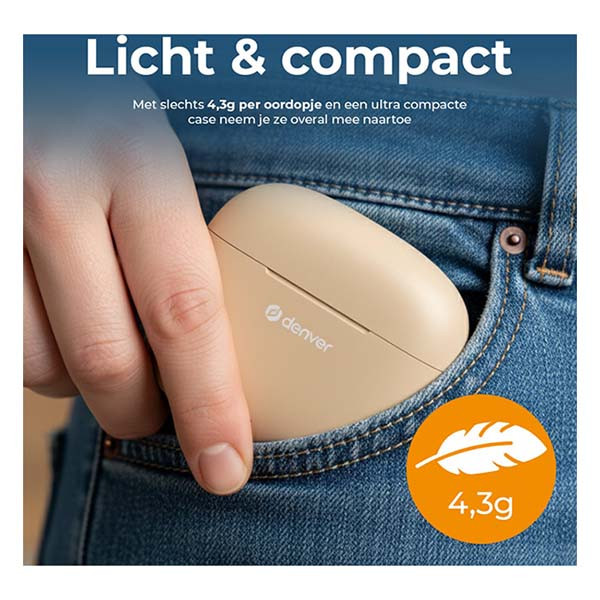 Denver Draadloze oordopjes | Denver (Bluetooth 5.3, 6 uur Batterij, Microfoon, Touch bediening, Beige) TWE-48NU K105005281 - 7