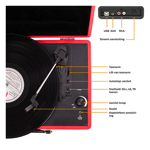 Denver Platenspeler | Denver | 2W (Koffer met handvat, Inclusief pc software, 33/45/78 rpm, Riemaandrijving, RCA, Rood) VPL-120RED K070501408 - 2