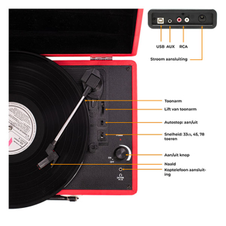 Denver Platenspeler | Denver | 2W (Koffer met handvat, Inclusief pc software, 33/45/78 rpm, Riemaandrijving, RCA, Rood) VPL-120RED K070501408 - 2