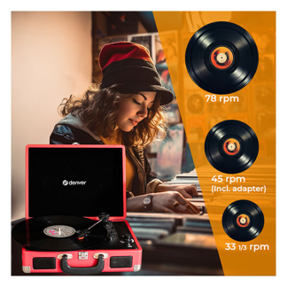 Denver Platenspeler | Denver | 2W (Koffer met handvat, Inclusief pc software, 33/45/78 rpm, Riemaandrijving, RCA, Rood) VPL-120RED K070501408 - 3