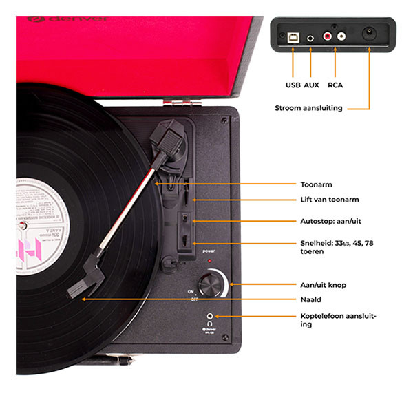 Denver Platenspeler | Denver | 2W (Koffer met handvat, Inclusief pc software, 33/45/78 rpm, Riemaandrijving, RCA, Zwart) VPL-120BLACK K070501409 - 2