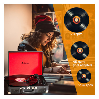 Denver Platenspeler | Denver | 2W (Koffer met handvat, Inclusief pc software, 33/45/78 rpm, Riemaandrijving, RCA, Zwart) VPL-120BLACK K070501409 - 3