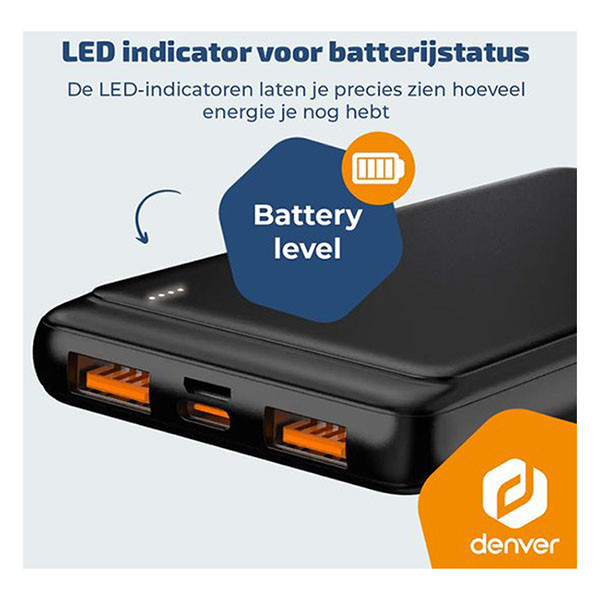 Denver Powerbank | Denver | 10.000 mAh (1x USB C, 2x USB A, 22.5W, Power Delivery, Batterij indicator) PQC-10009 K105005352 - 3