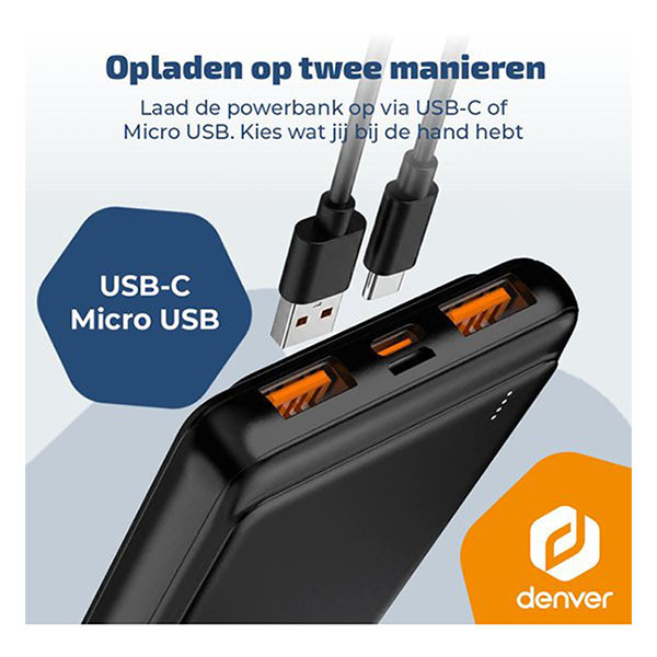 Denver Powerbank | Denver | 10.000 mAh (1x USB C, 2x USB A, 22.5W, Power Delivery, Batterij indicator) PQC-10009 K105005352 - 4