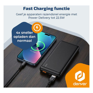 Denver Powerbank | Denver | 10.000 mAh (1x USB C, 2x USB A, 22.5W, Power Delivery, Batterij indicator) PQC-10009 K105005352 - 5