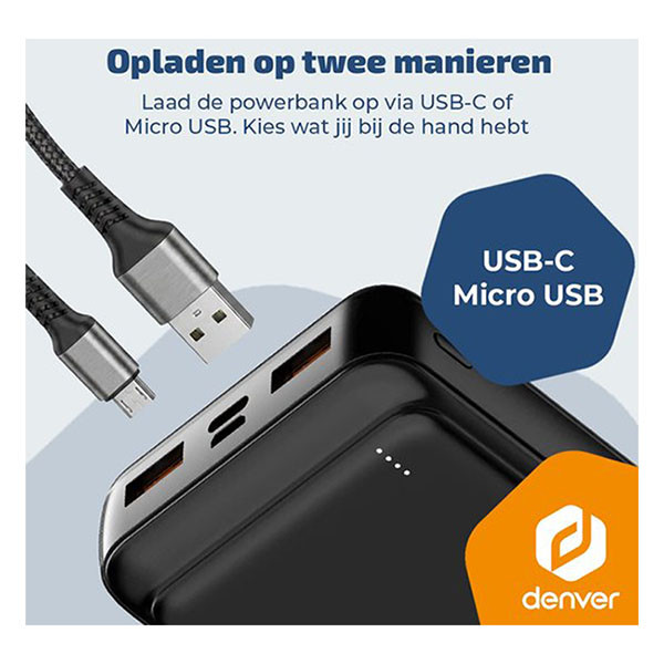 Denver Powerbank | Denver | 20.000 mAh (1x USB C, 2x USB A, 22.5W, Power Delivery, Batterij indicator) PQC-20009 K105005353 - 3