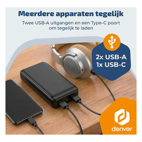 Denver Powerbank | Denver | 20.000 mAh (1x USB C, 2x USB A, 22.5W, Power Delivery, Batterij indicator) PQC-20009 K105005353 - 4