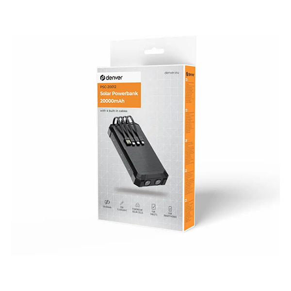 Denver Powerbank | Denver | 20.000 mAh (Draadloos, USB C, Ingebouwde kabels, Zaklamp, Zonnepaneel) PSC-20012 K105005288 - 4
