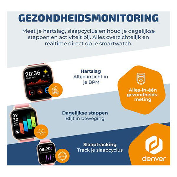 Denver Smartwatch | Denver | 1.81" (Bluetooth, Hartslagmeter, Slaapmonitor, 200 mAh batterij, Bellen, Roze) SWC-176RO K105005356 - 7