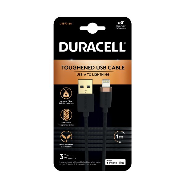 Duracell iPad oplaadkabel | USB A ↔ Lightning |﻿ Duracell | 1 meter (USB 2.0, 15W, 480 Mbps, Kevlar) USB7012A I010221064 - 2