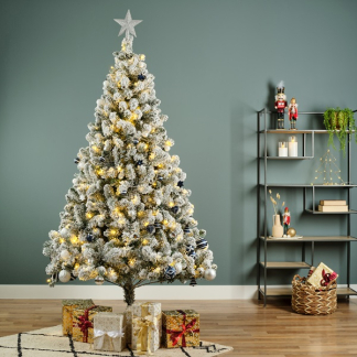 Everlands Kerstboom set | 1.5 meter (170 LEDs, Besneeuwd, Piek, Slingers, Kerstballen, Binnen, Wit/Zilver/Blauw) 687029 K150302969 - 