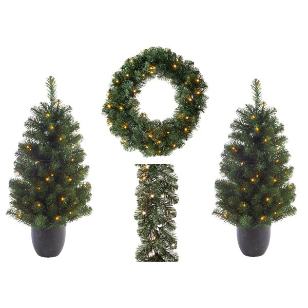 Everlands Kerstdecoratie set (Krans, Guirlande, 2x Kunstboom, LED, Timer, Buiten) 680371 K150302958 - 