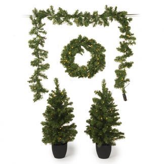 Everlands Kerstdecoratie set (Krans, Guirlande, 2x Kunstboom, led, Timer, Buiten) 680371 K150302958 - 1