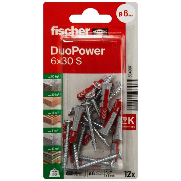 Fischer Universele plug met schroef | Fischer DuoPower | 12 stuks (6x30, PZ2) 534997 K100702734 - 1