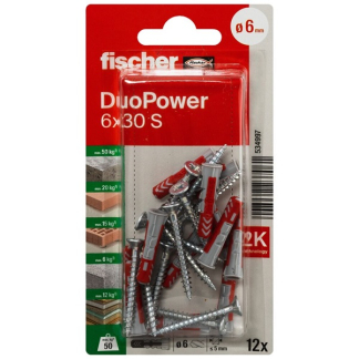 Fischer Universele plug met schroef | Fischer DuoPower | 12 stuks (6x30, PZ2) 534997 K100702734