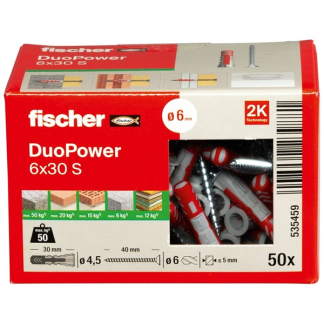 Fischer Universele plug met schroef | Fischer DuoPower | 50 stuks (6x30, PZ2) 535459 K100702725 - 