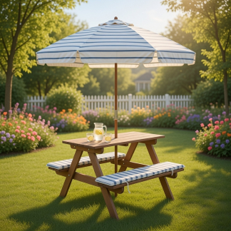 Gardalux Picknicktafel kinderen | Gardalux | 75 x 75 x 50 cm (Hout, Parasol, Blauw/wit) FE5000050 K170105915 - 2