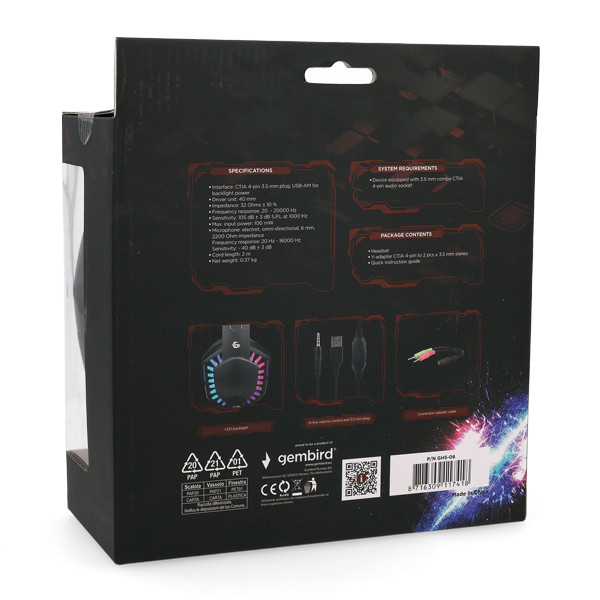 Gembird Gaming headset | Gembird | 2 meter (Bedraad, Jack 3.5 mm, Microfoon, led) GHS-06 K170105054 - 5