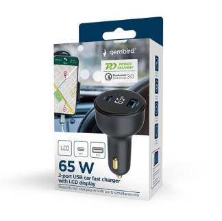 Gembird USB autolader | Gembird | 2-poorts (65W, USB A, USB C, Power Delivery, Lcd-scherm, Zwart) TA-UC-AC2PD65LCD-CAR-01 K010221070 - 2