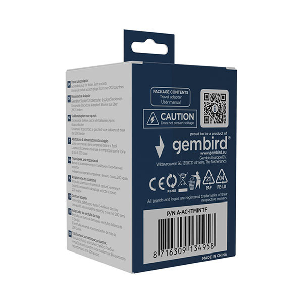 Gembird Wereldstekker | Gembird | Wereld naar Type L (Geaard) A-AC-ITMINTF K050801090 - 9