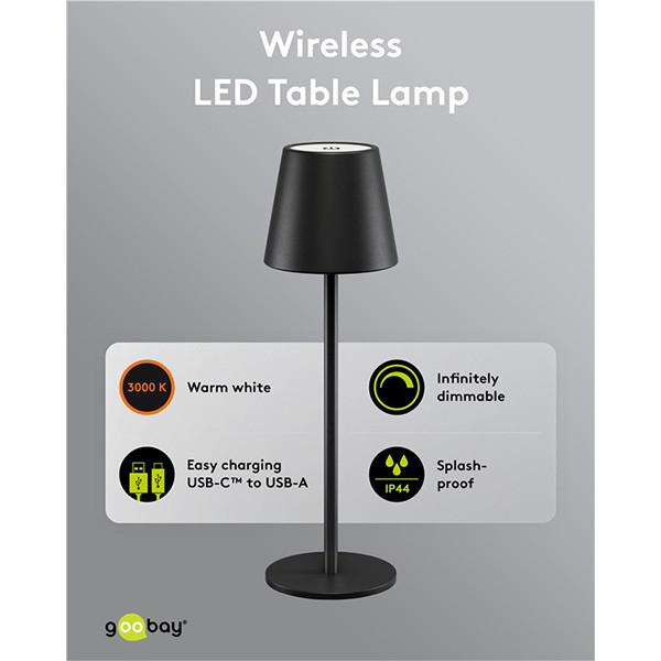 Goobay Tafellamp | Goobay (Led, Draadloos, Touchbediening, Warm wit licht, Dimbaar, USB C, Zwart) 72024 77673 K150204358 - 6