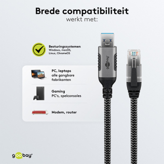 Goobay USB A naar RJ45 kabel | Goobay | 7.5 meter (USB 3.0, Cat6 FTP, Zilver/zwart) 70693 K020610059 - 7