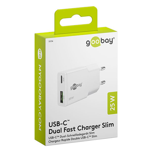 Goobay USB C snellader | Goobay | 2 poorten (1x USB C, 1x USB A, 25 W, GaN, Power Delivery, Wit) 75734 K070501342 - 3