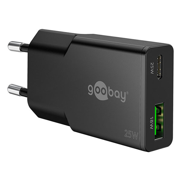 Goobay USB C snellader | Goobay | 2 poorten (1x USB C, 1x USB A, 25 W, GaN, Power Delivery, Zwart) 75733 K070501341 - 1