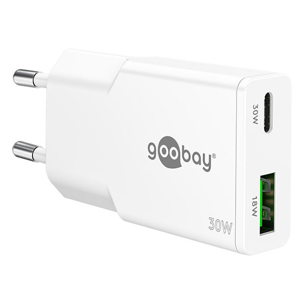 Goobay USB C snellader | Goobay | 2 poorten (1x USB C, 1x USB A, 30 W, GaN, Power Delivery, Wit) 75738 K070501344 - 1